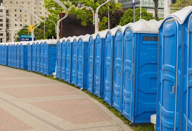 Seasonal porta potty units set up at a Greenfield, Indiana venue
